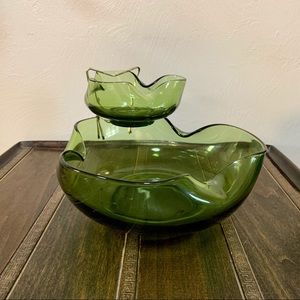 Vintage Anchor Hocking Avocado Green Three Piece Chip & Dip Set